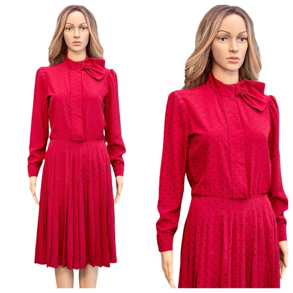 Albert Nipon Dresses & Skirts - SOLD Vintage 70s 80s Albert Nipon Midi Shirt Dress Red polkadot pleated small